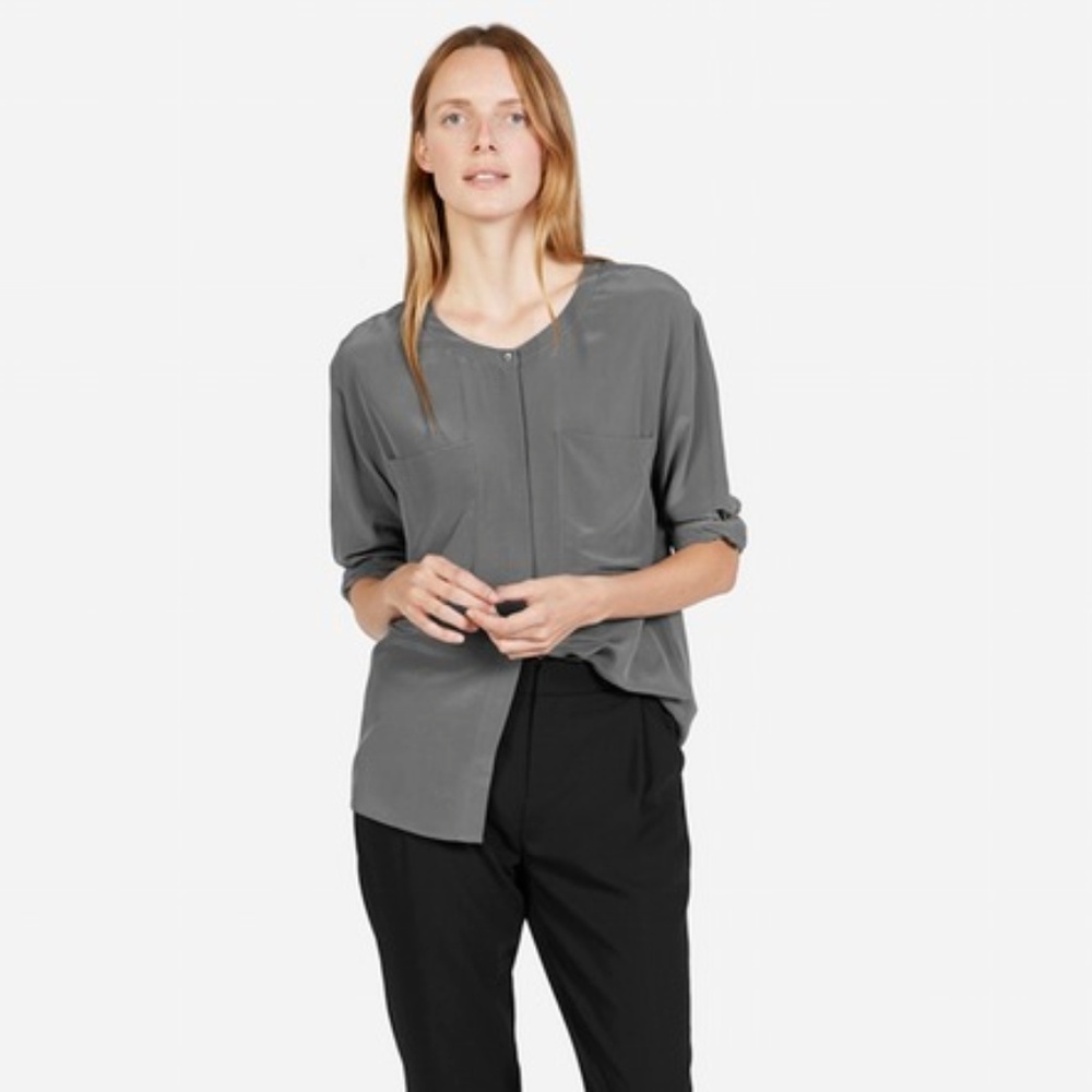 Everlane silk button down pocket shirt in grey